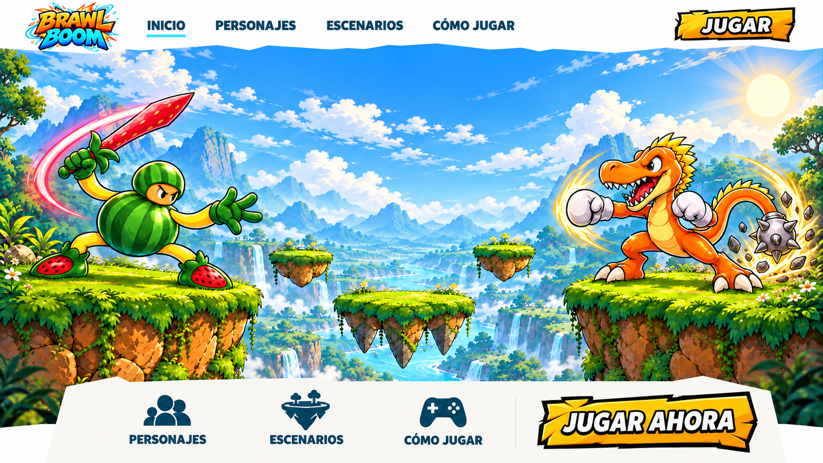 Rebix Rivals: Frután y un dragón boxeador se enfrentan sobre islas flotantes, entre montañas y cascadas.